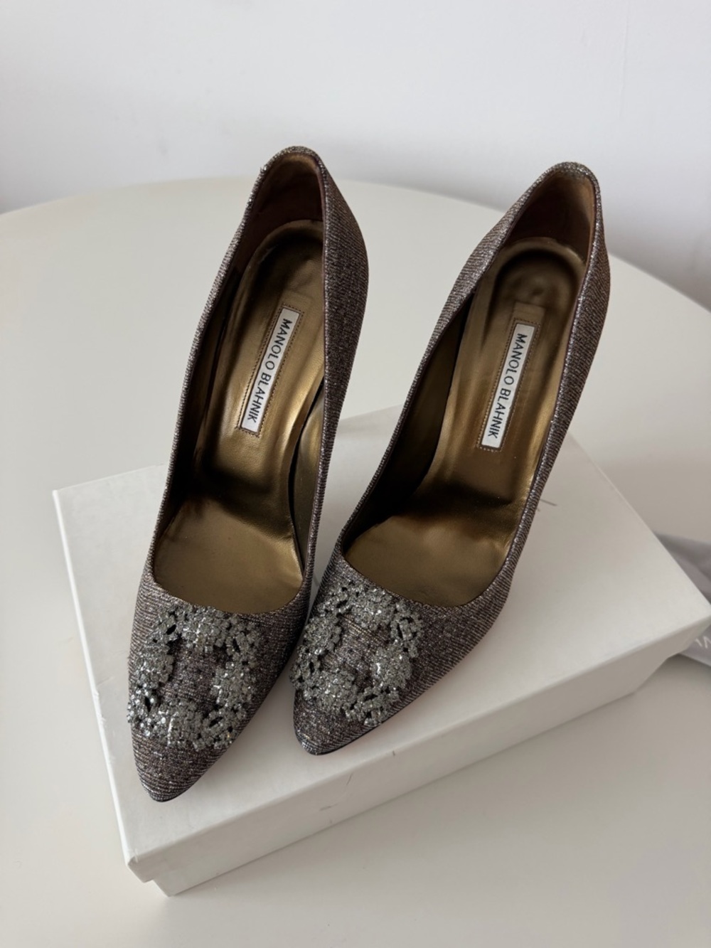 Manolo Blahnik Metallic Bronze Pointed-Toe Pumps with Crystal Embellishment